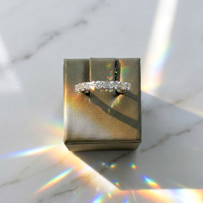 14KT White Gold Emerald and Round Lab Diamonds Anniversary Band