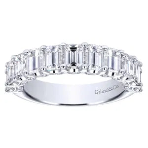 14K White Gold 11 Stone Prong Set Emerald Cut and Round Diamond Anniversary Band