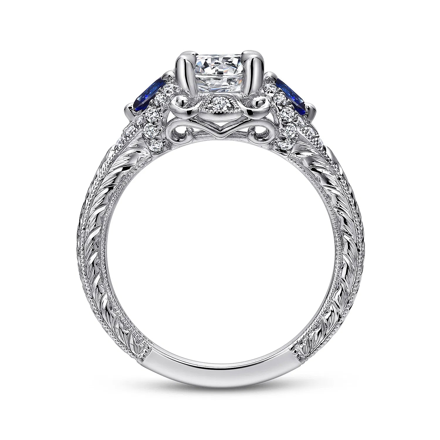 14K White Gold Round Sapphire and Diamond Engagement Ring