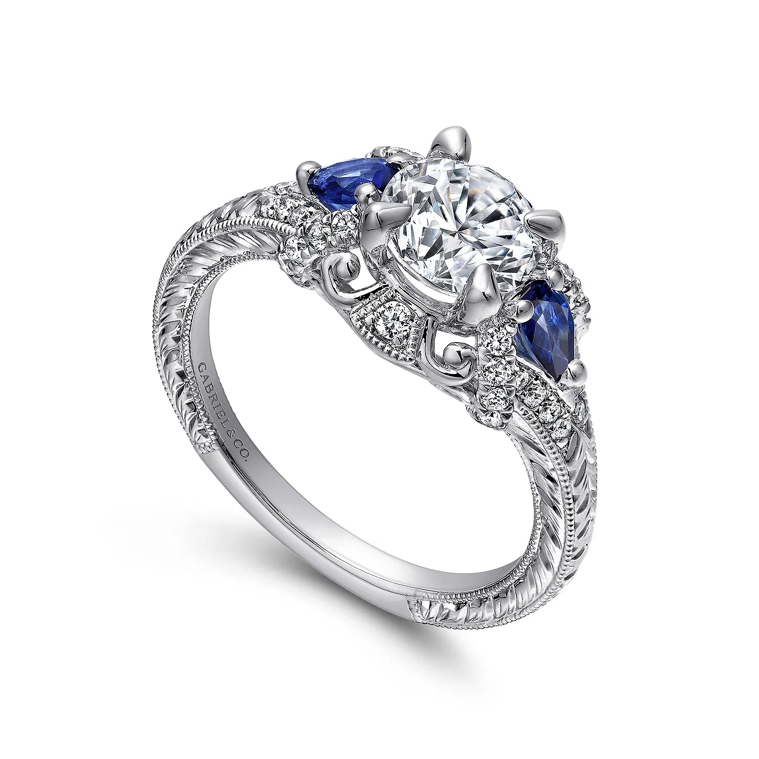 14K White Gold Round Sapphire and Diamond Engagement Ring