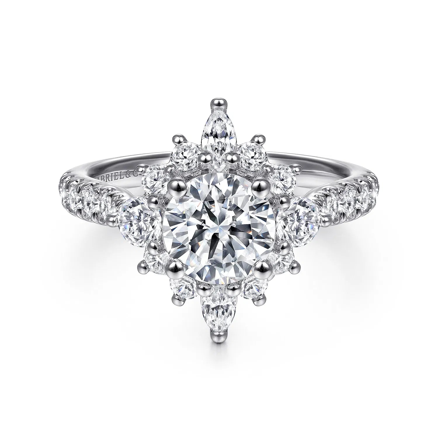 Unique 14K White Gold Round Halo Diamond Engagement Ring