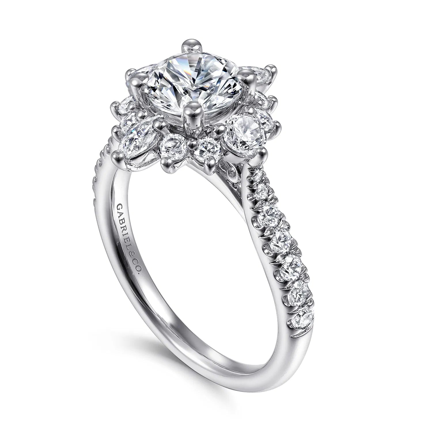 Unique 14K White Gold Round Halo Diamond Engagement Ring