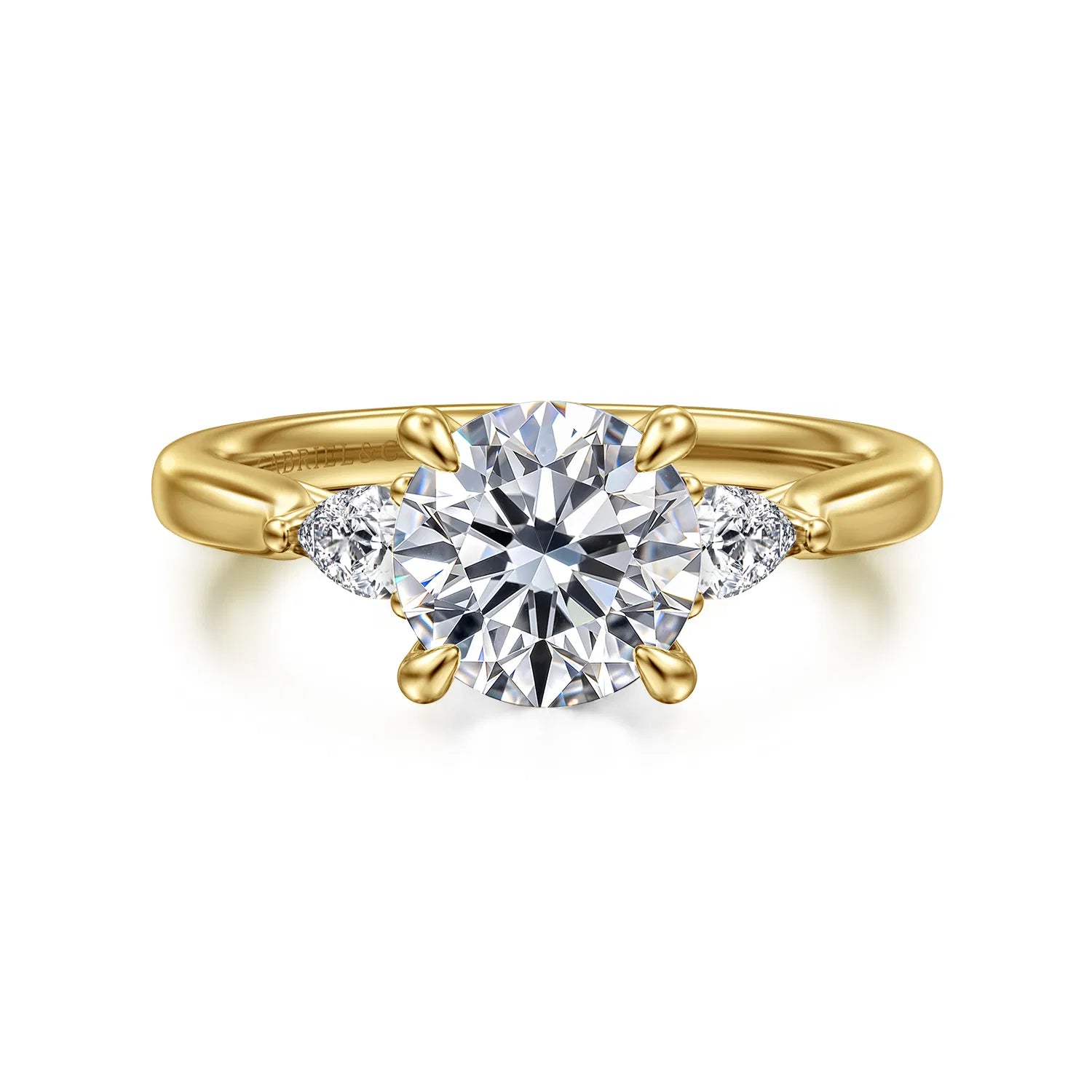 14K Yellow Gold Round Three Stone Lotus Diamond Engagement Ring