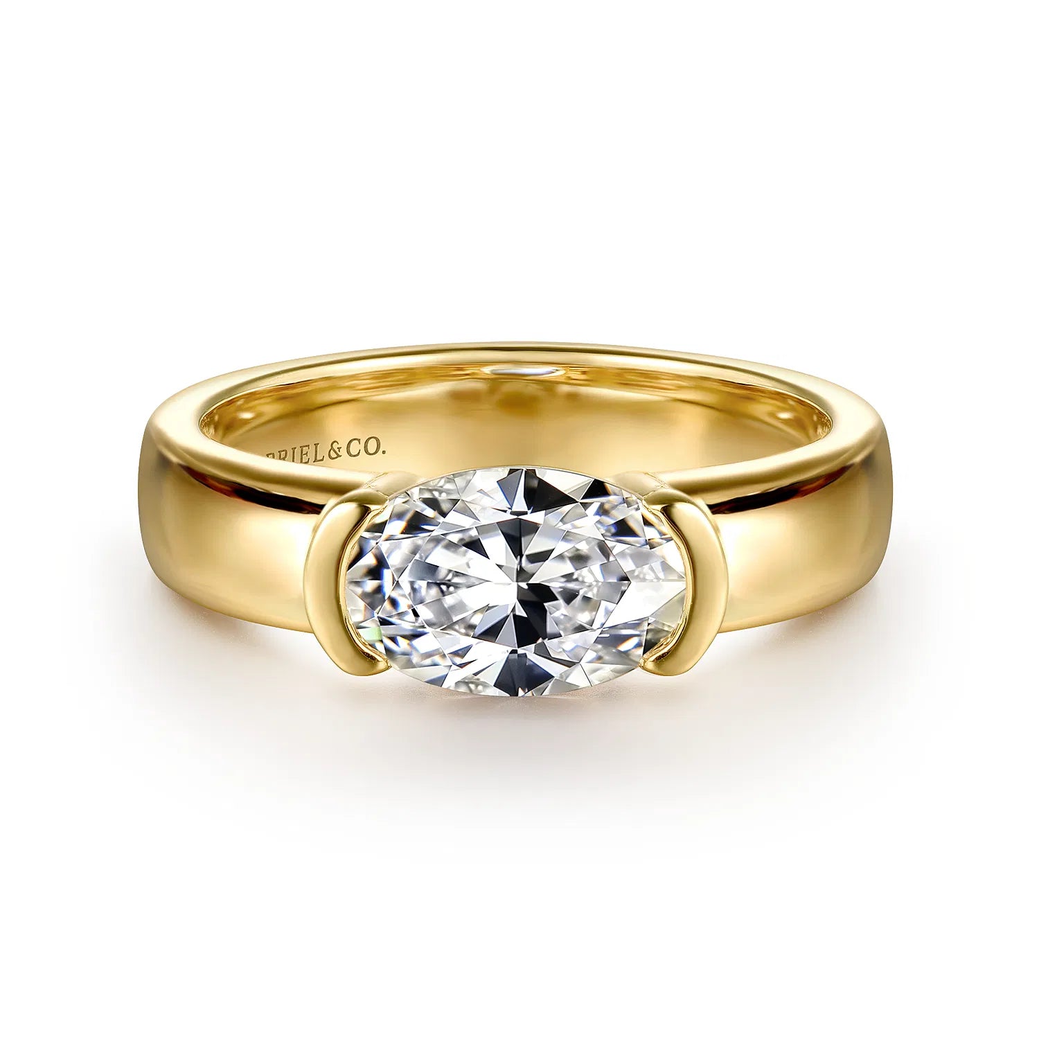 14K Yellow Gold Half Bezel East West Oval Diamond Engagement Ring