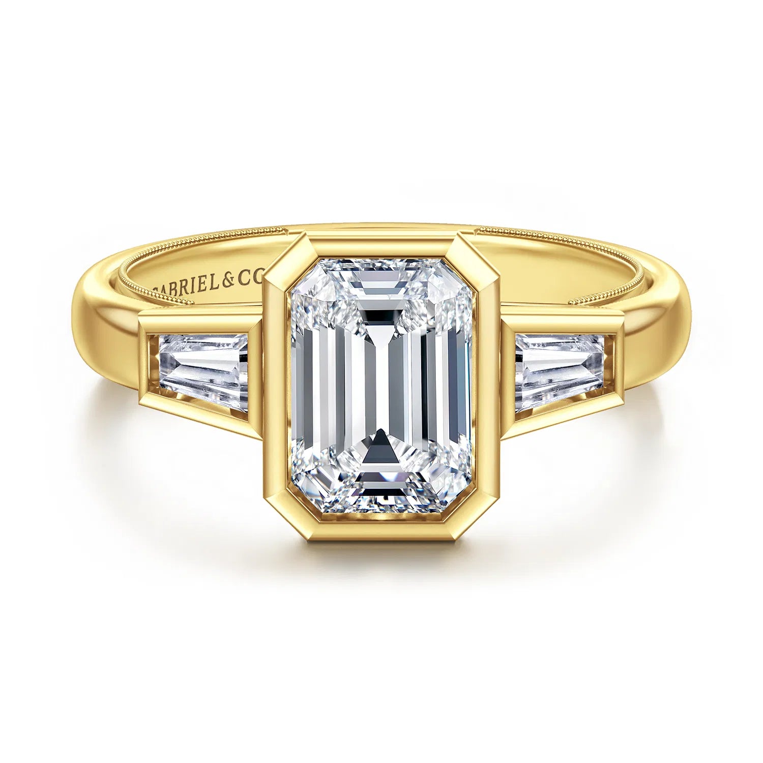 14K Yellow Gold Emerald Cut Three Stone Diamond Engagement Ring