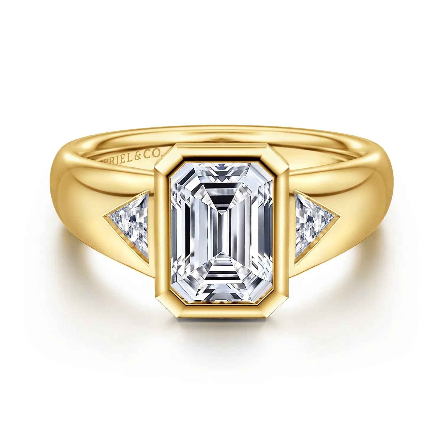 14K Yellow Gold Emerald Cut Three Stone Diamond Engagement Ring