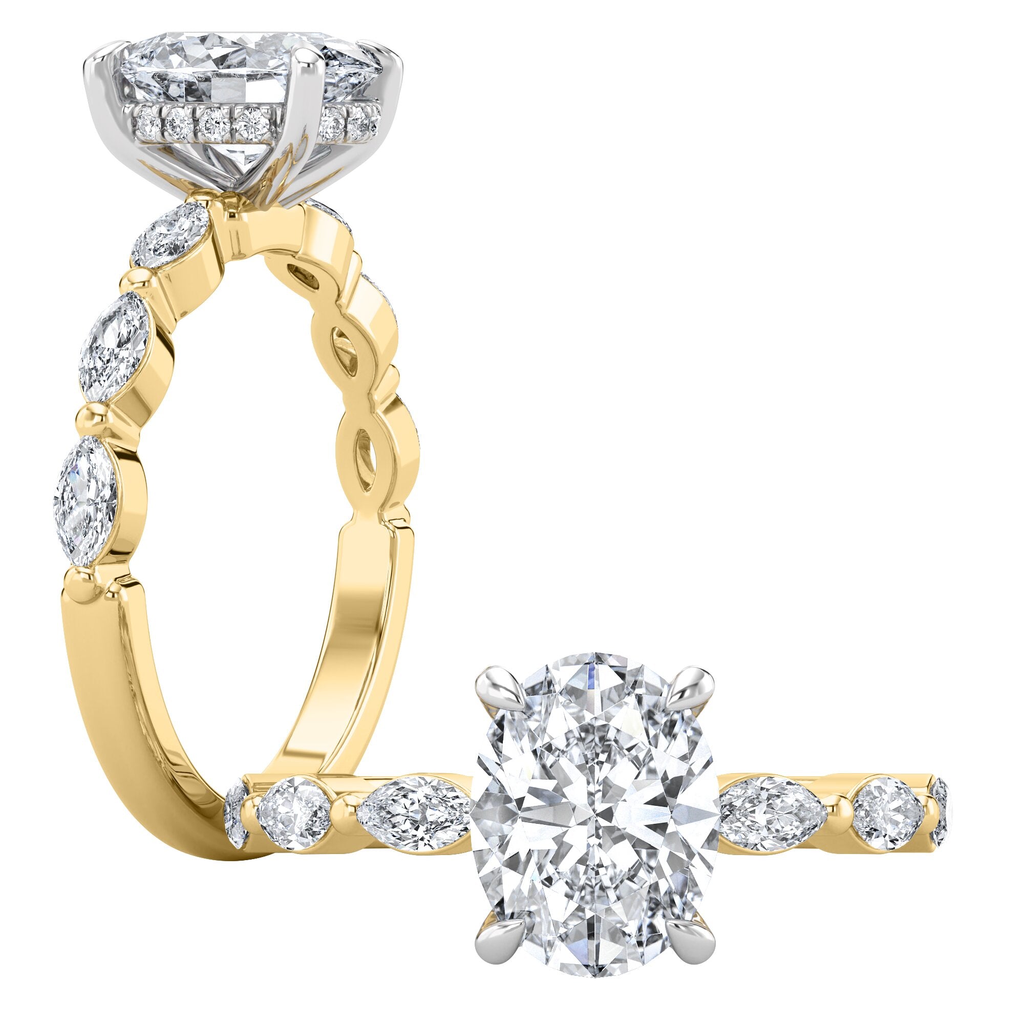 14K Yellow gold Oval and Marquise engagement ring