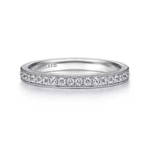 14K White Gold Micro Pave Channel Diamond Wedding Band with Milgrain