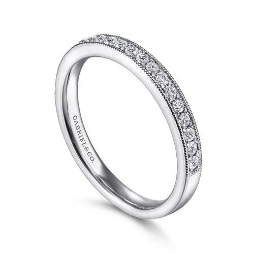 14K White Gold Micro Pave Channel Diamond Wedding Band with Milgrain