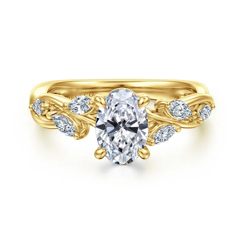 14K Yellow Gold Floral Oval Diamond Engagement Ring