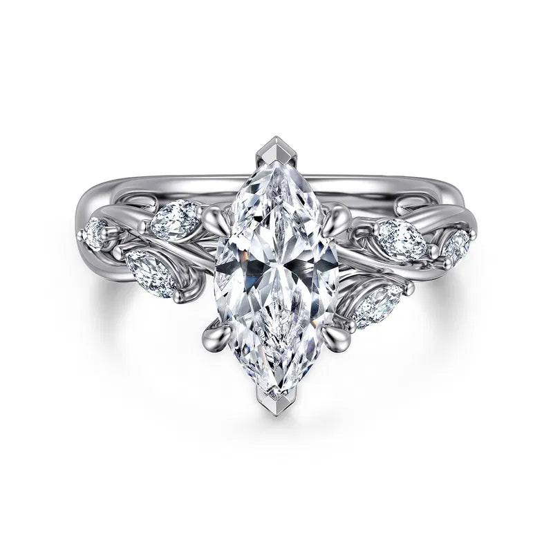 14K White Gold 6 Prong Floral Marquise Shape Diamond Engagement Ring