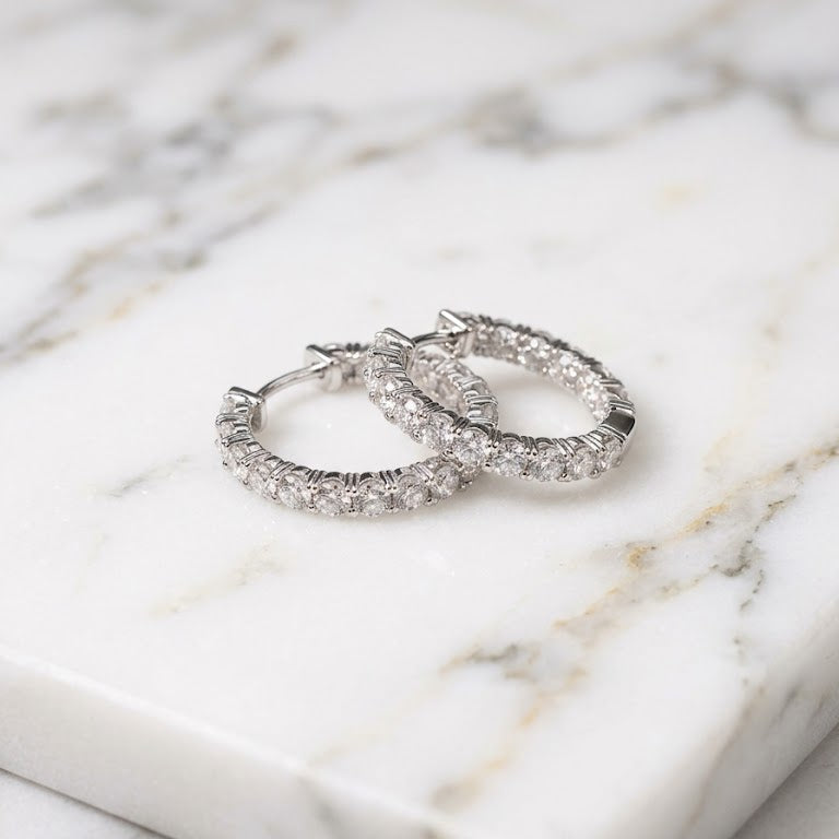 14K White Gold Natural Diamond Hoop Earrings