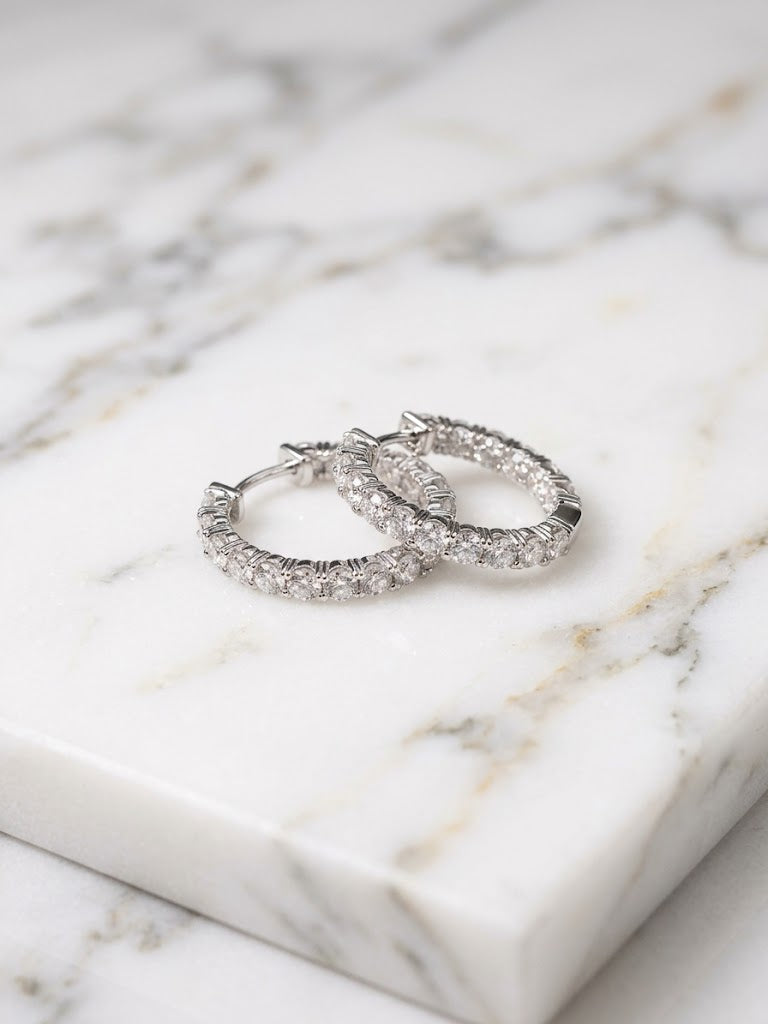 14K White Gold Natural Diamond Hoop Earrings