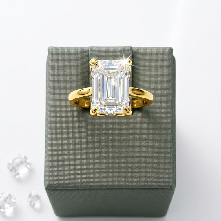 18K Yellow Gold Solitaire Engagement Ring with 3.62ct Emerald Cut Lab Diamond.